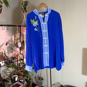 Bob Mackie Royal Blue Floral Embroidered Mandarin Collar Asian Style Top 2x